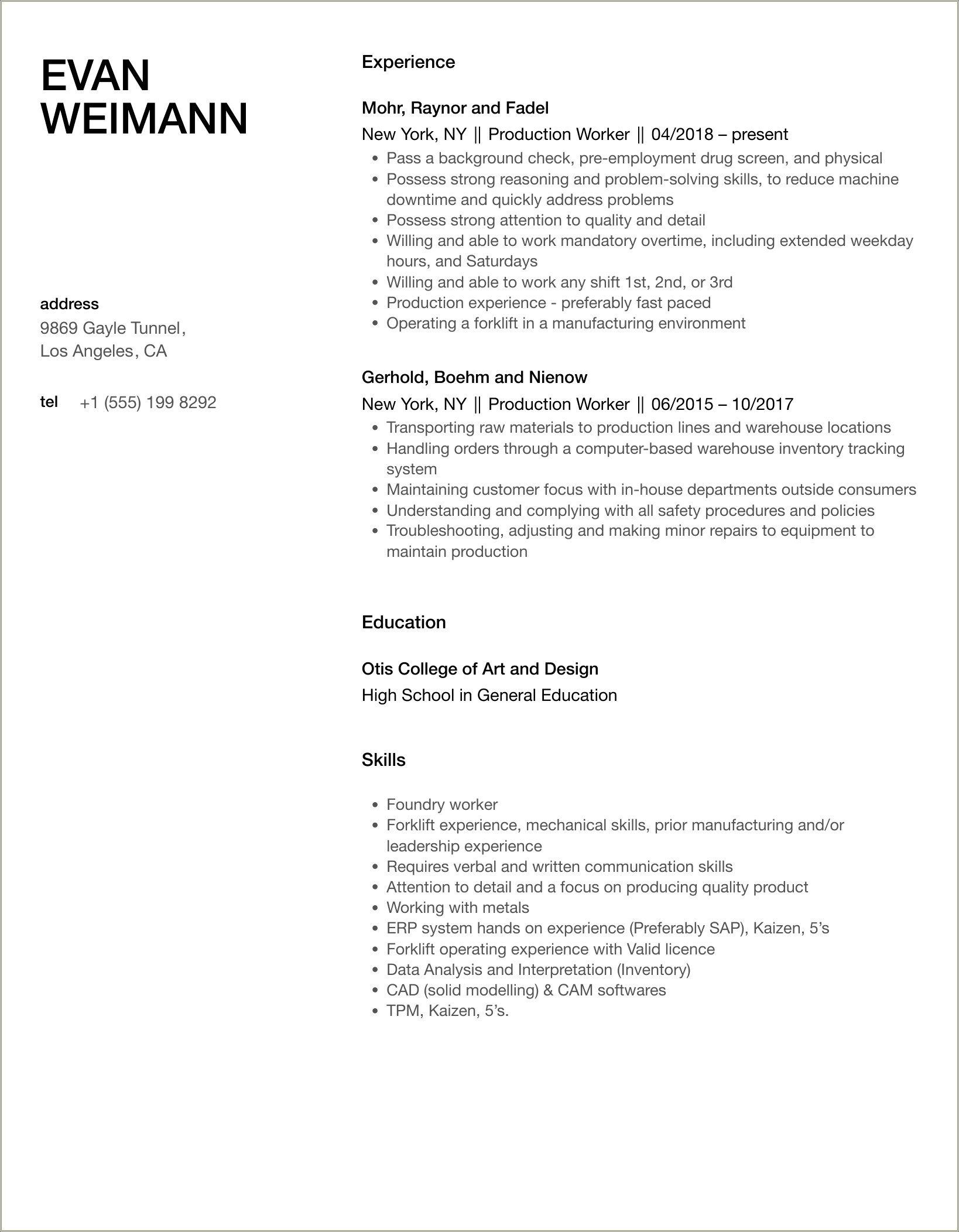 Resume Opening Statement For Production Worker