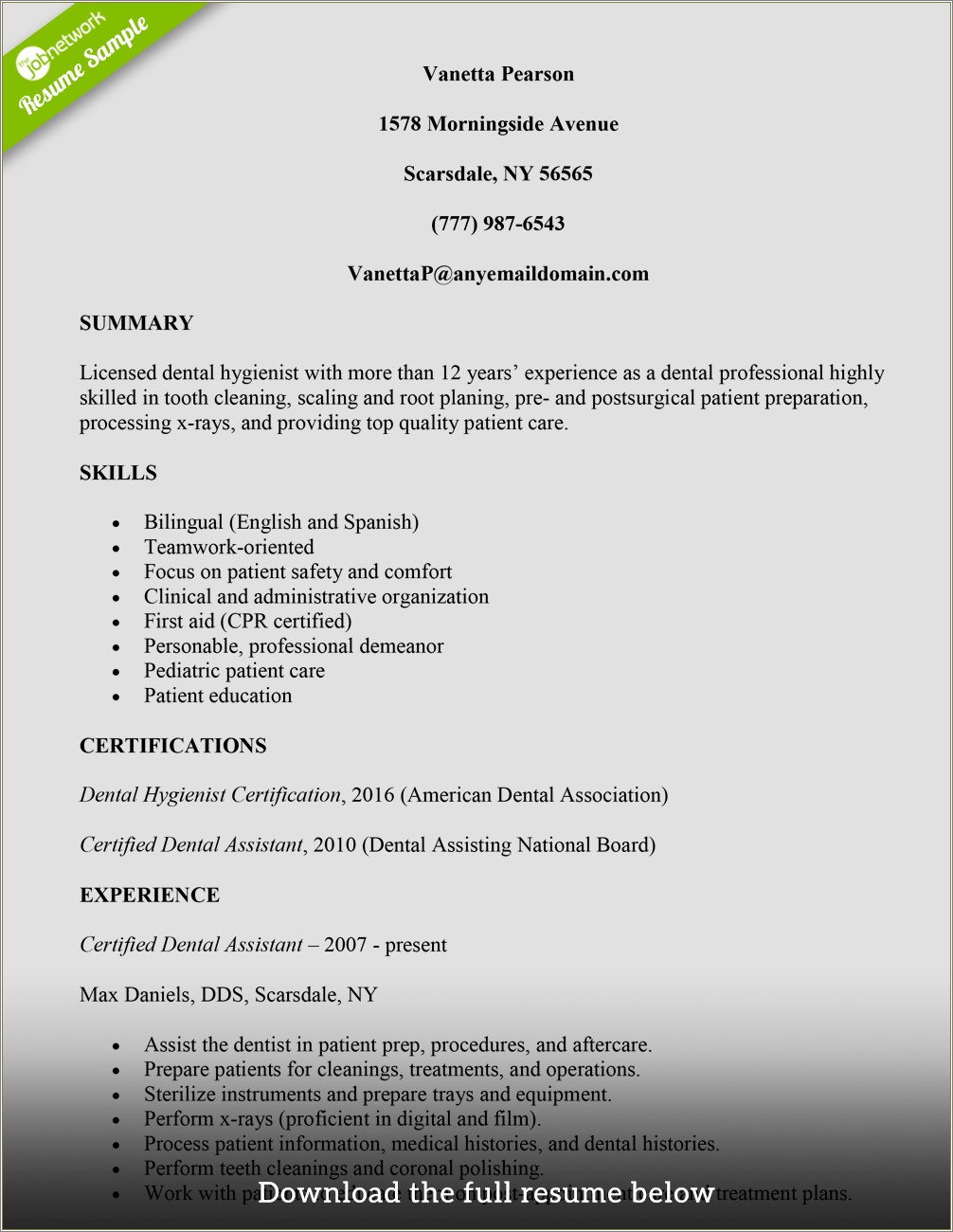 Resume Professional Summary For Dental Assistant