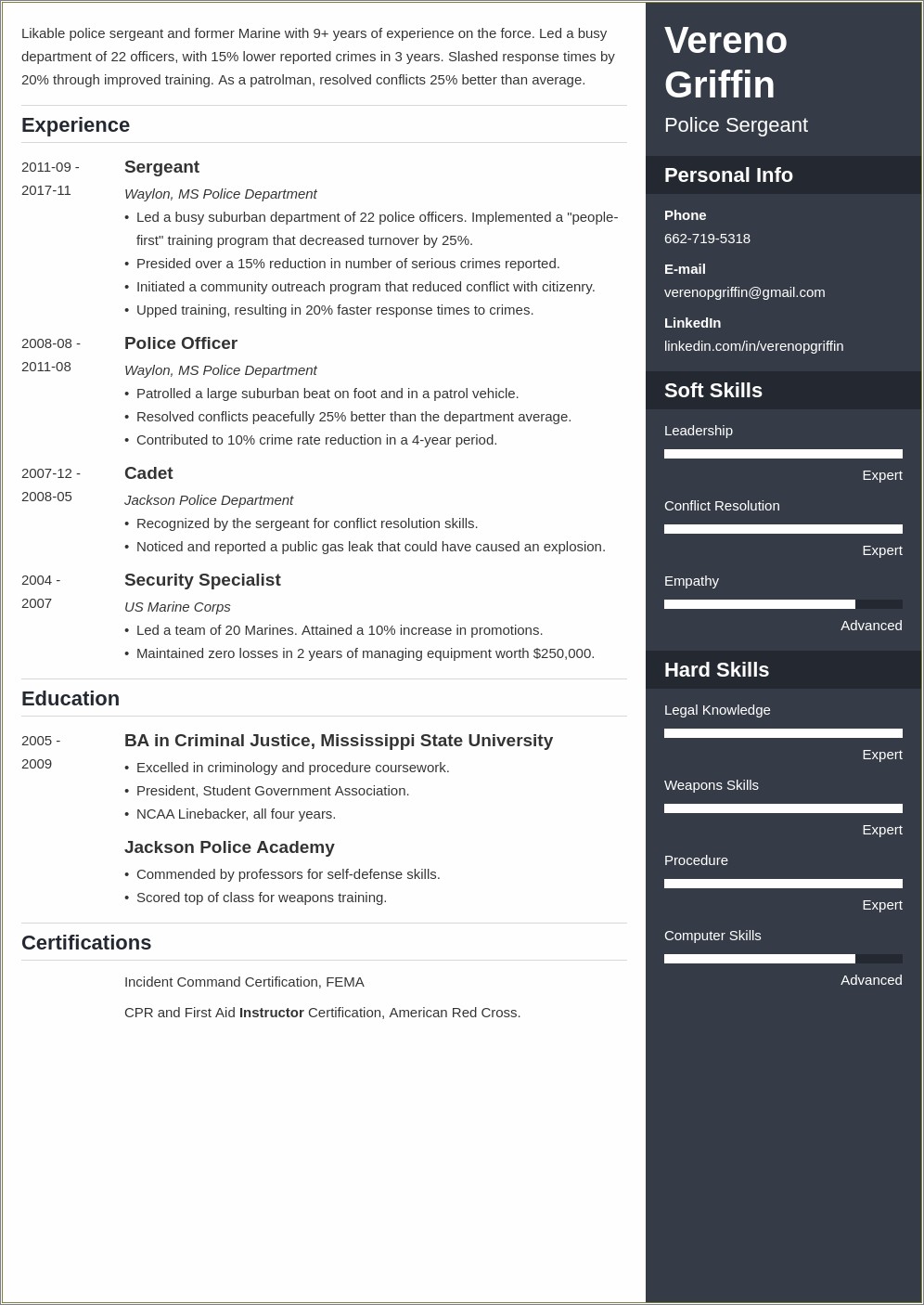 Resume Professional Summary For Police Officer