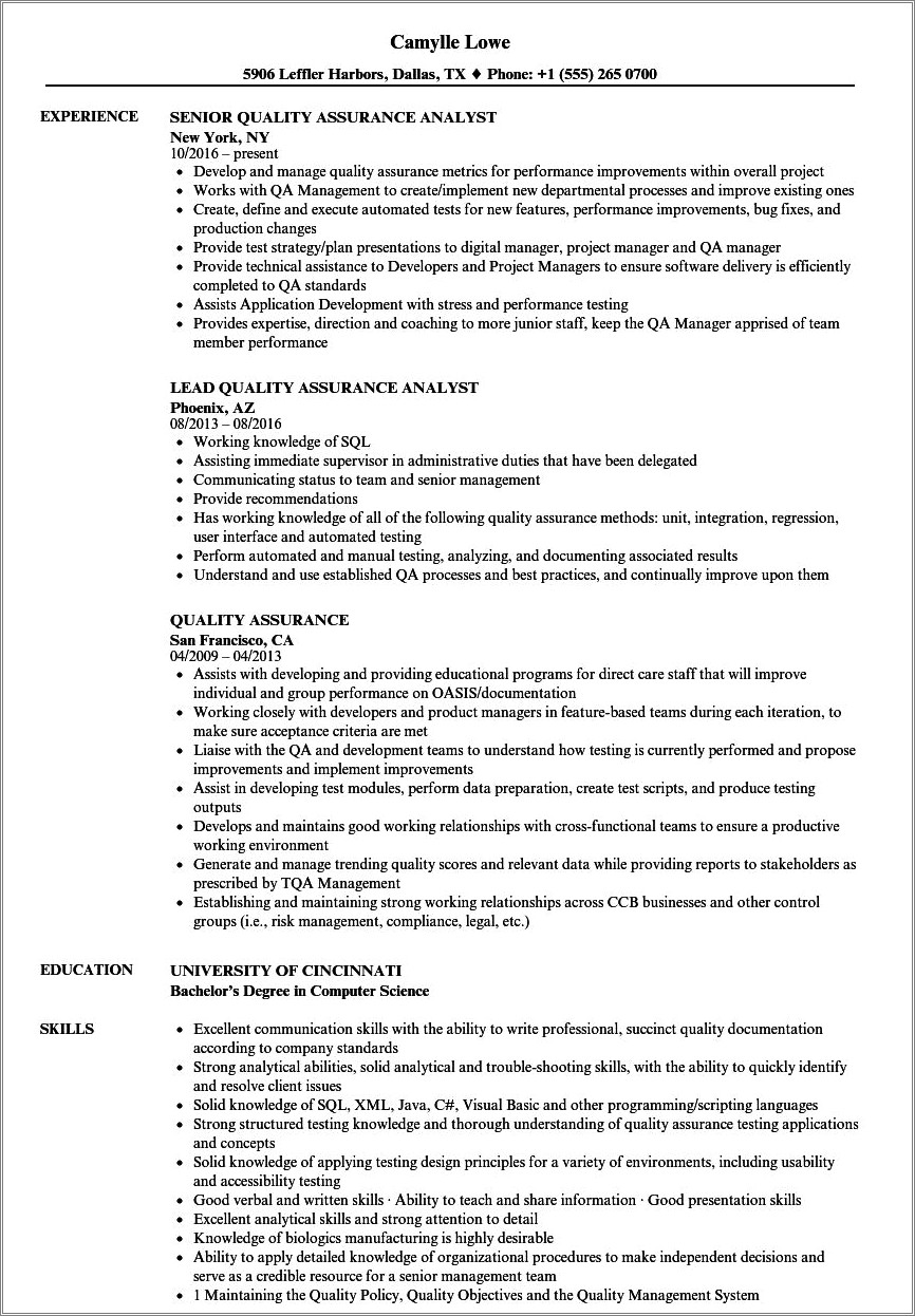 Resume Professional Summary Quality Assuarance Tech