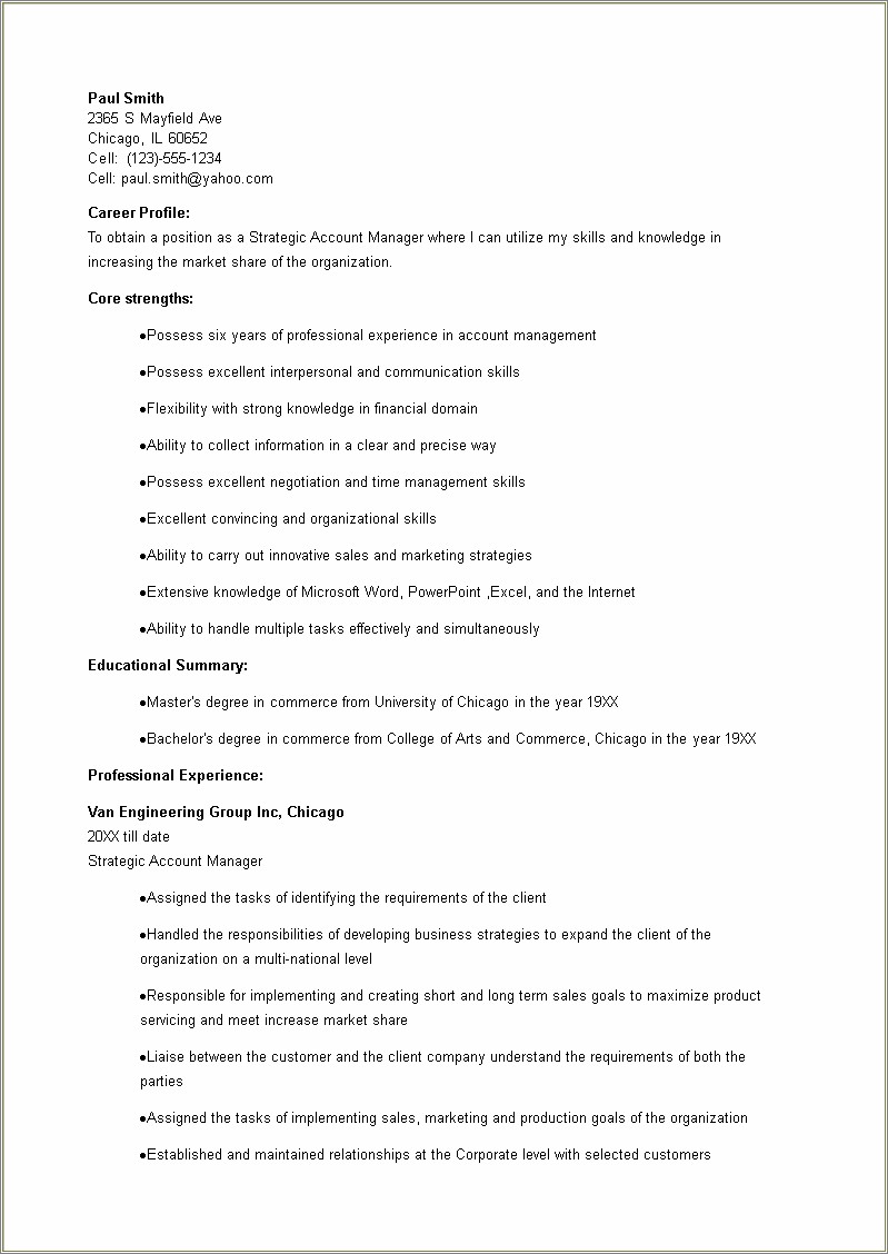 Resume Profile Examples For Account Manager