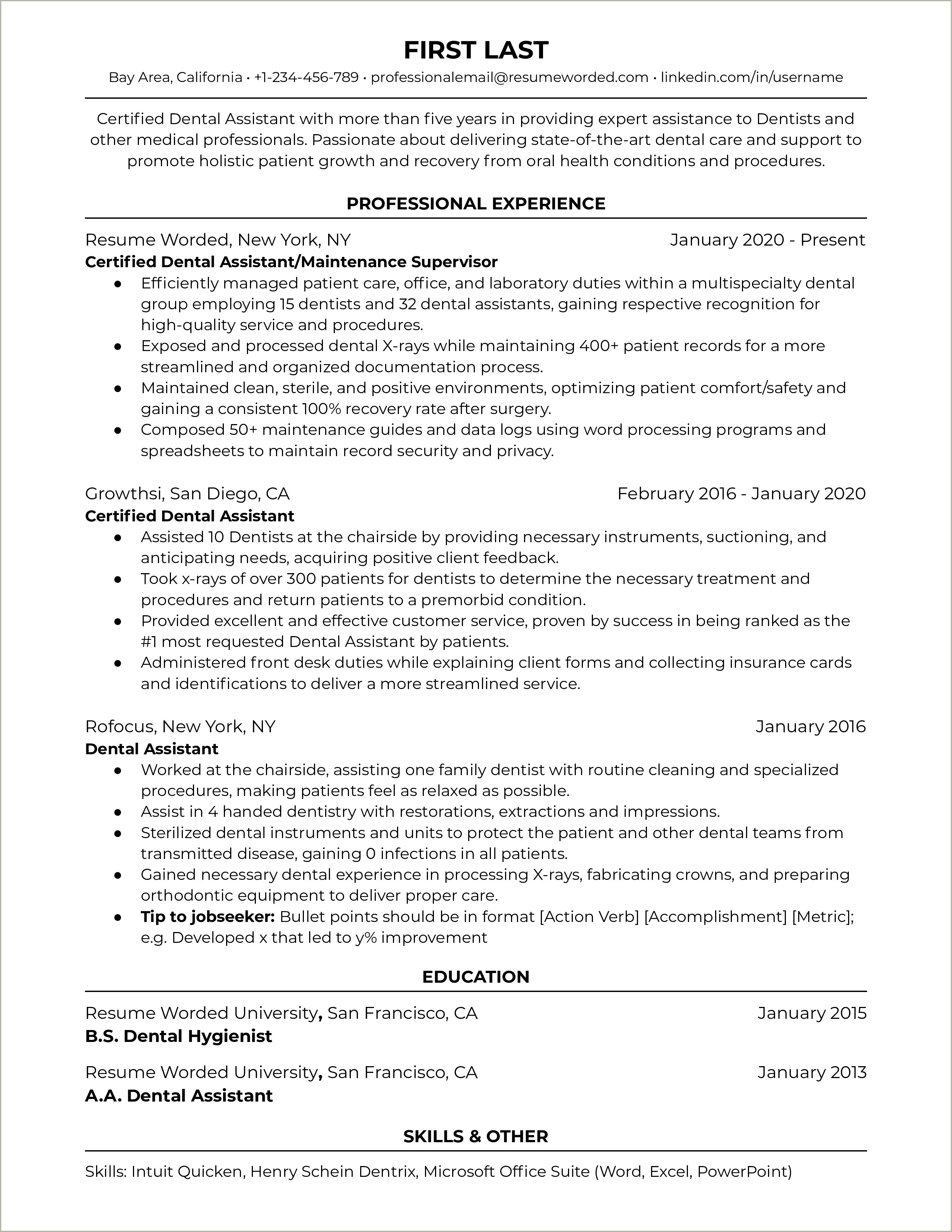 Resume Profile Sample For Dental Assistant Position
