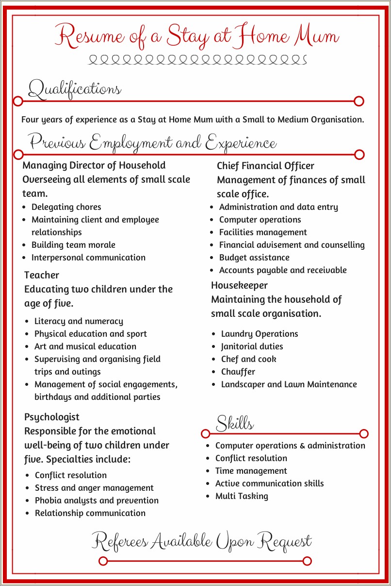Resume Profile Samples For Stay At Home Moms