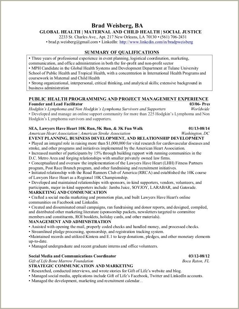 Resume Profile Summary Of Public Health