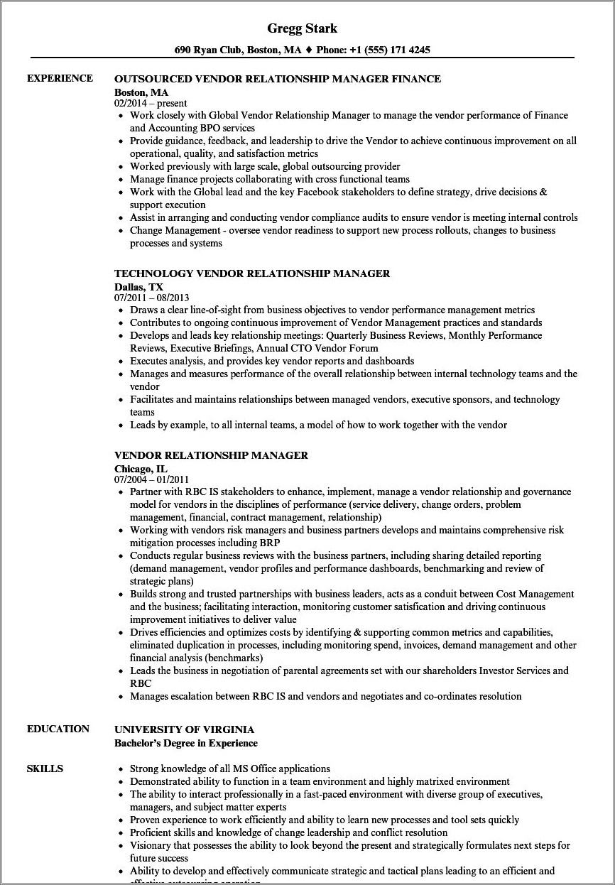 Resume Recommendations Letter From Vendor Relationship