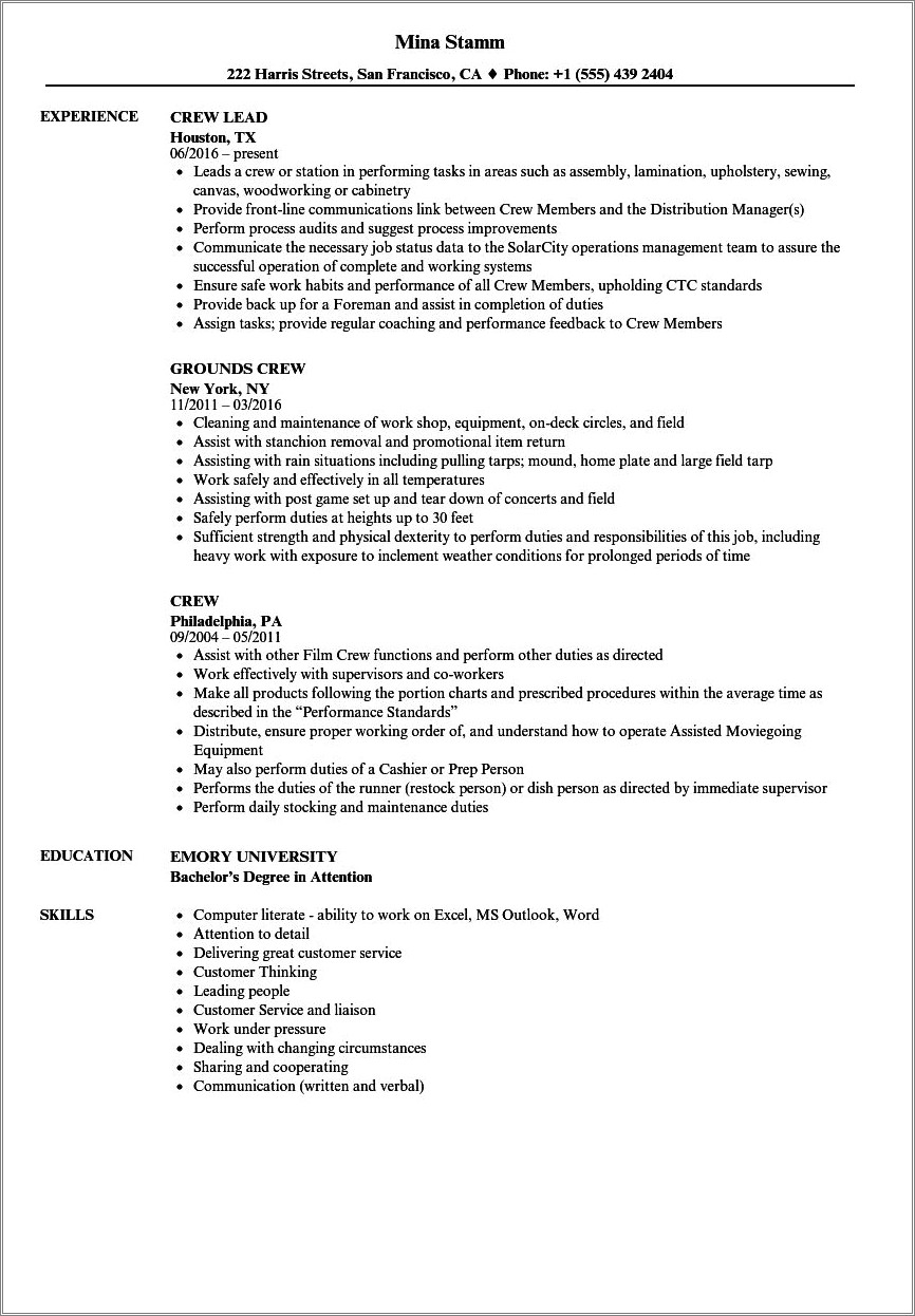 Resume Sample Applying For Service Crew