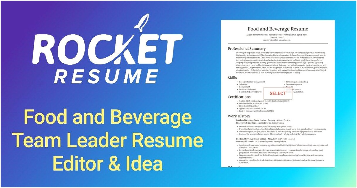 Resume Sample Description Food And Beverage Team Lead