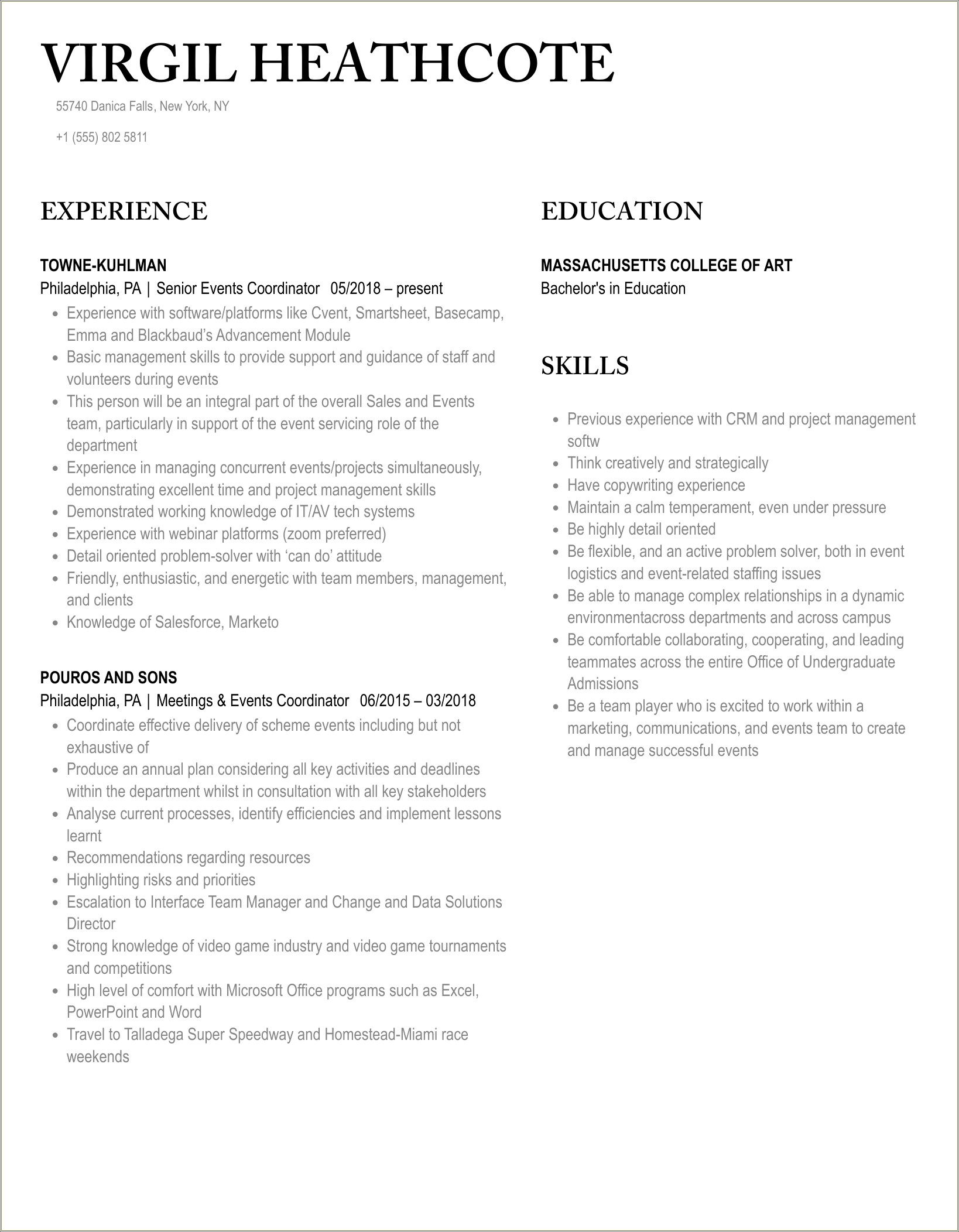 Resume Sample Entry Level Event Coordinator