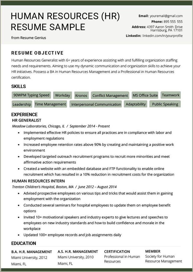Resume Sample For A Human Resource