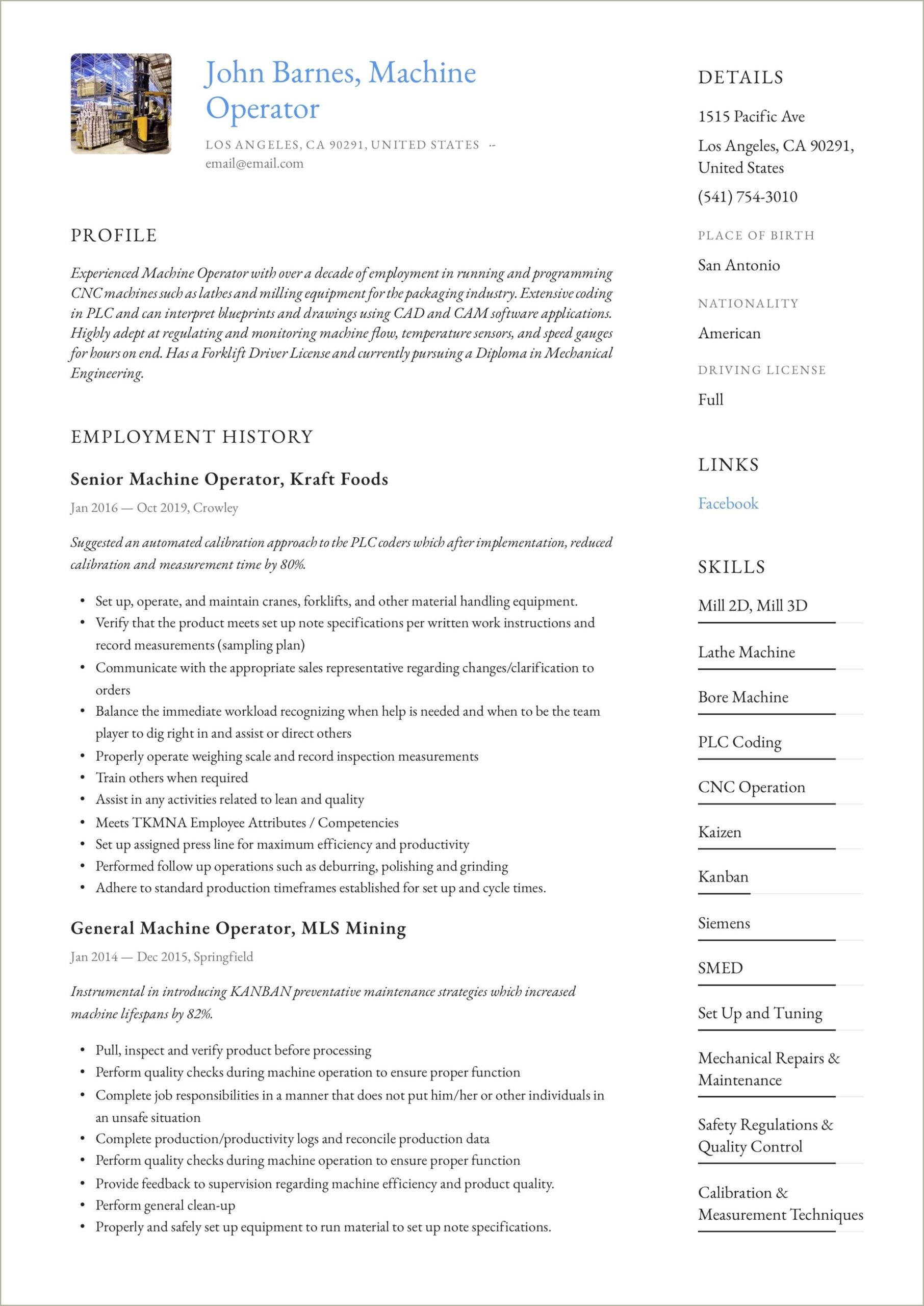 Resume Sample For A Machine Operator