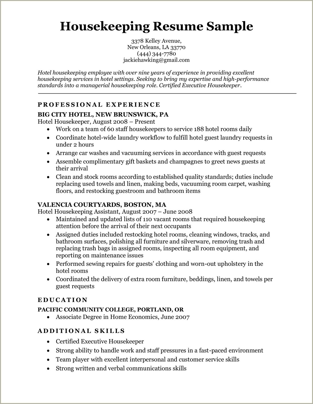 Resume Sample For A Nanny Housekeeper