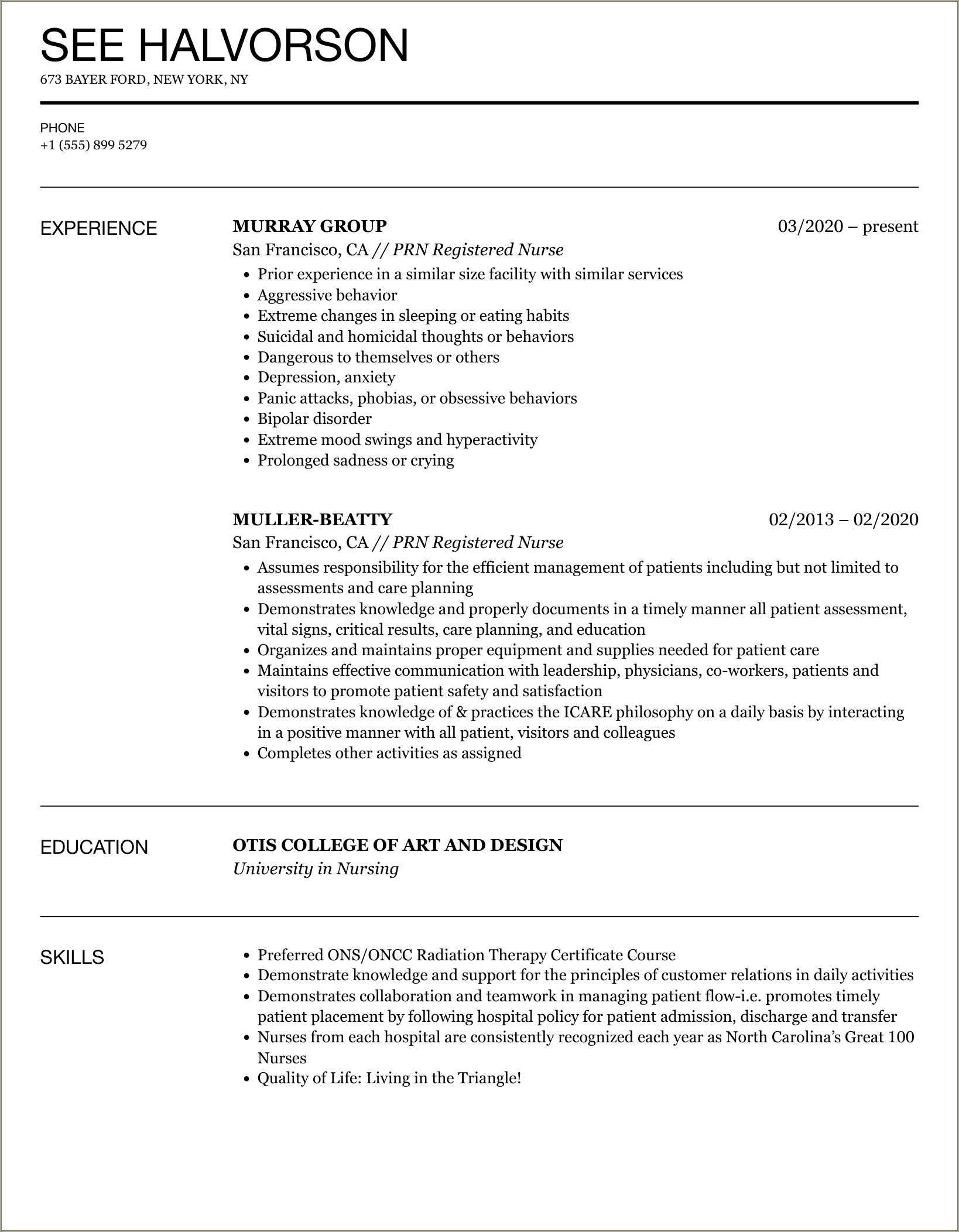 Resume Sample For A Prn Nurse