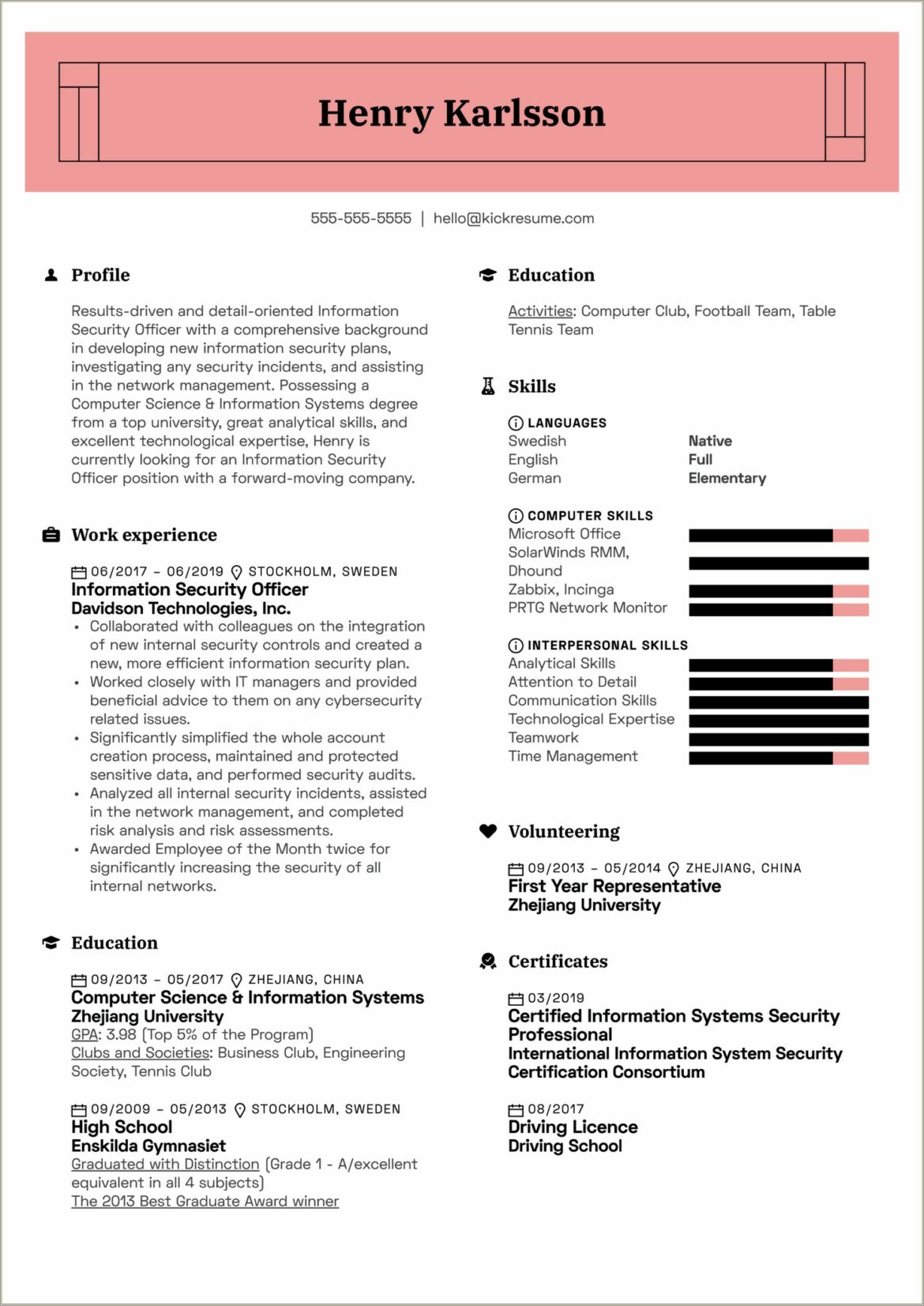 Resume Sample For A Security Guard