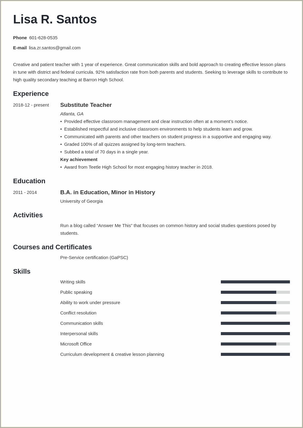 Resume Sample For A Teacher With No Experience