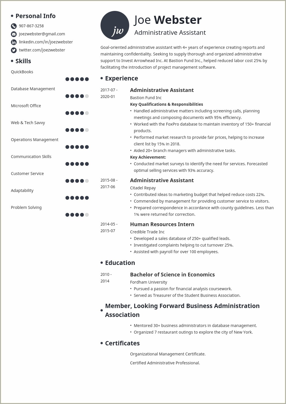 Resume Sample For Business Administration Graduate