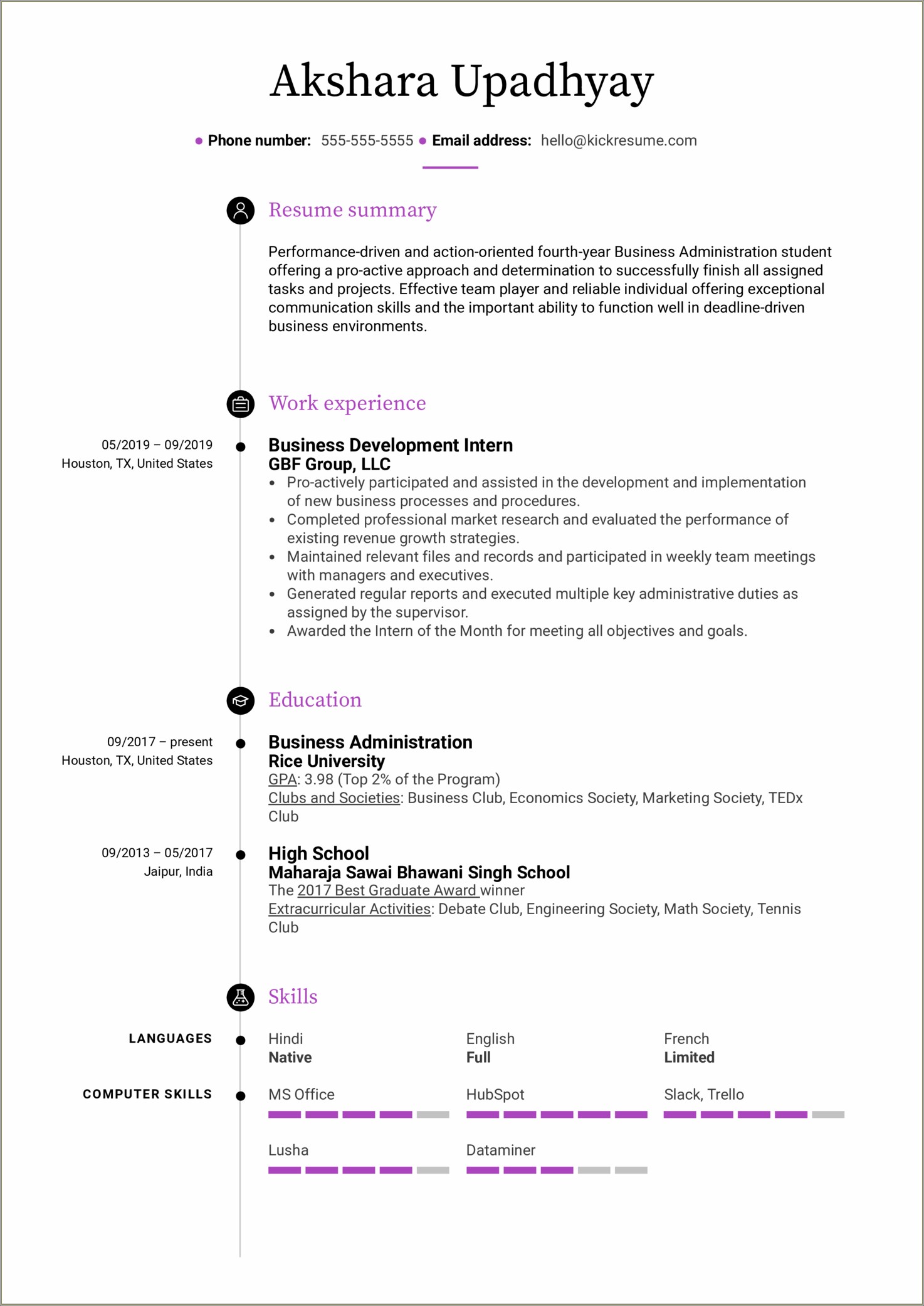Resume Sample For Business Administration Student
