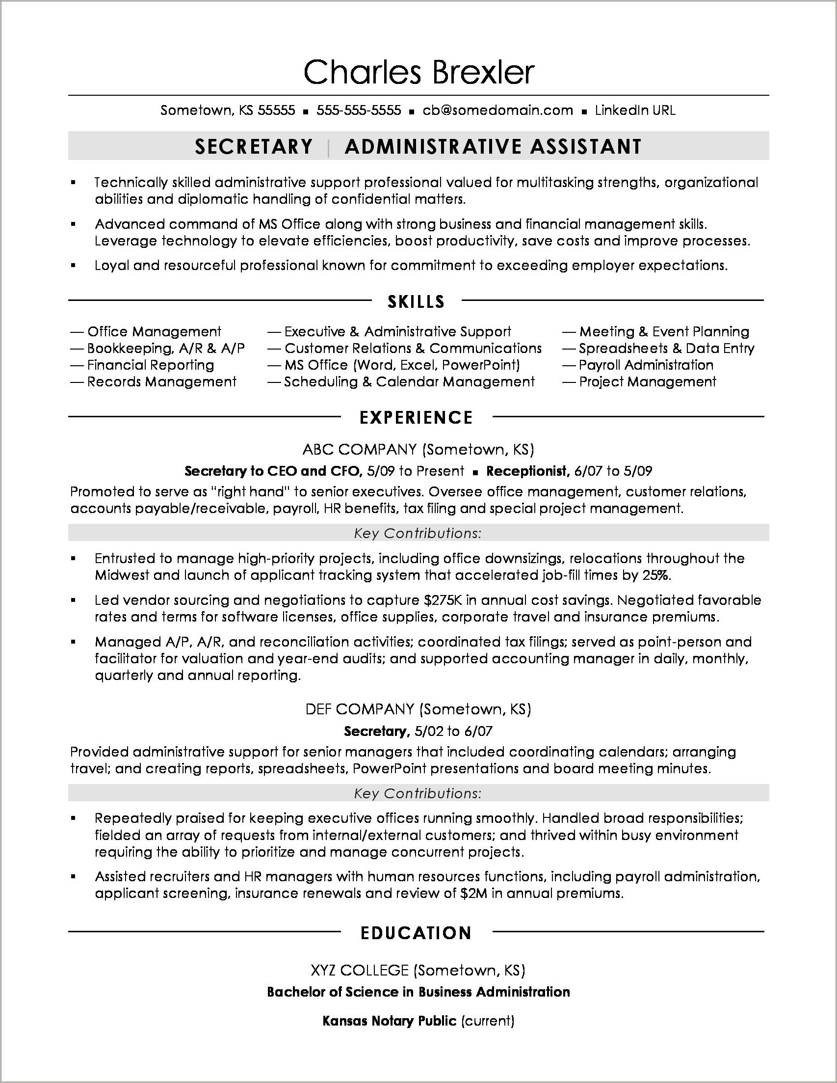 Resume Sample For Company Secretary Executive