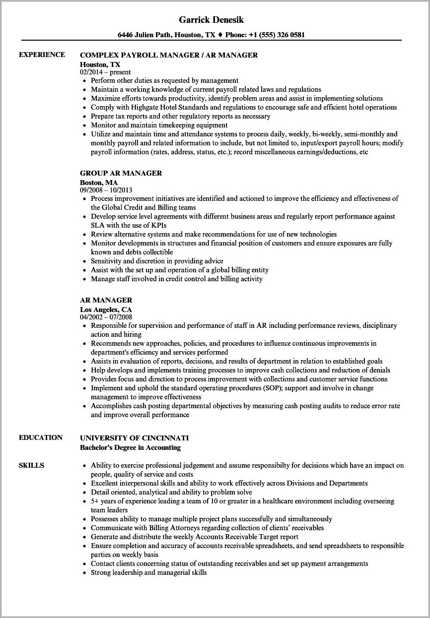 Resume Sample For Contract Accounts Receivable