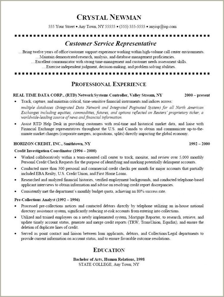 Resume Sample For Customer Service Specialist