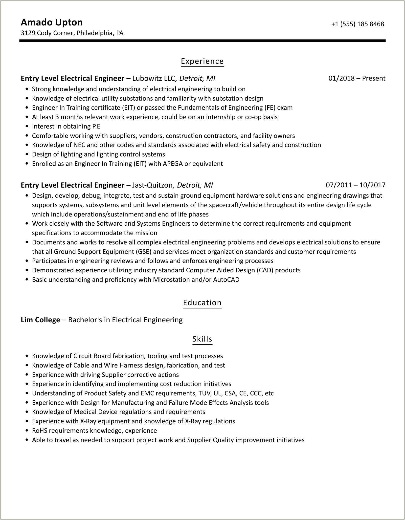 Resume Sample For Entry Level Electrical Engineer