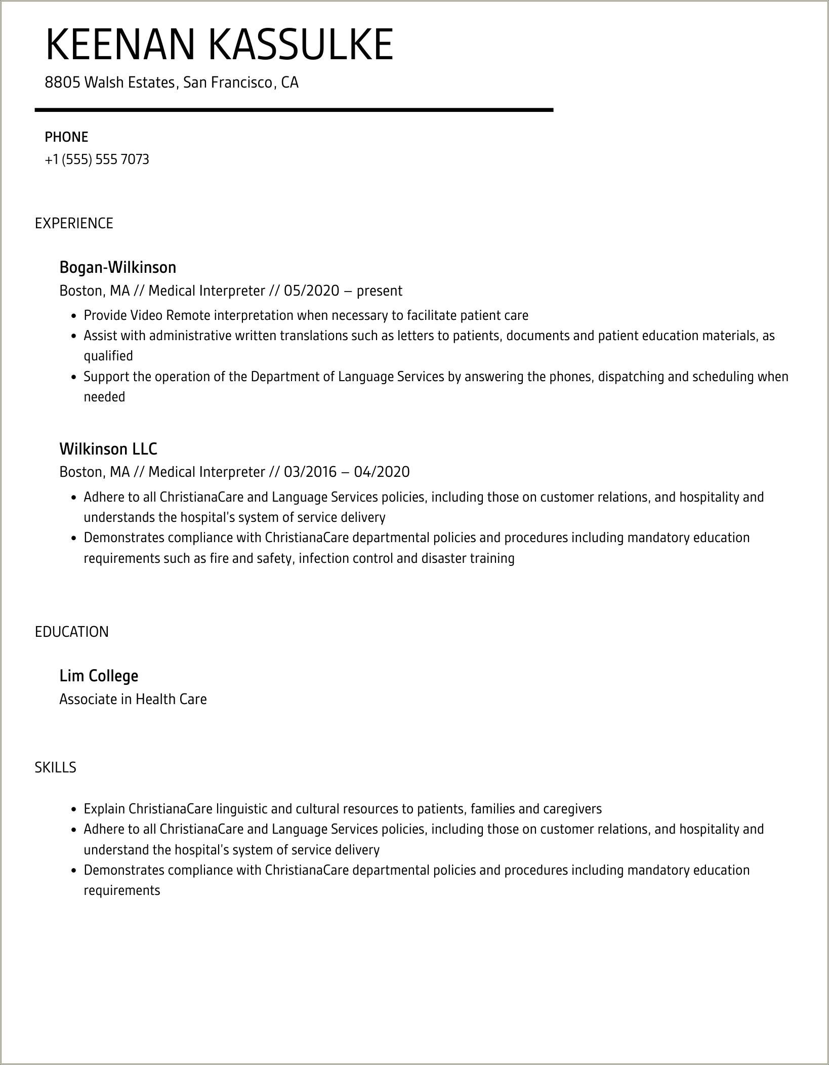 Resume Sample For Entry Level Medical Interpreter