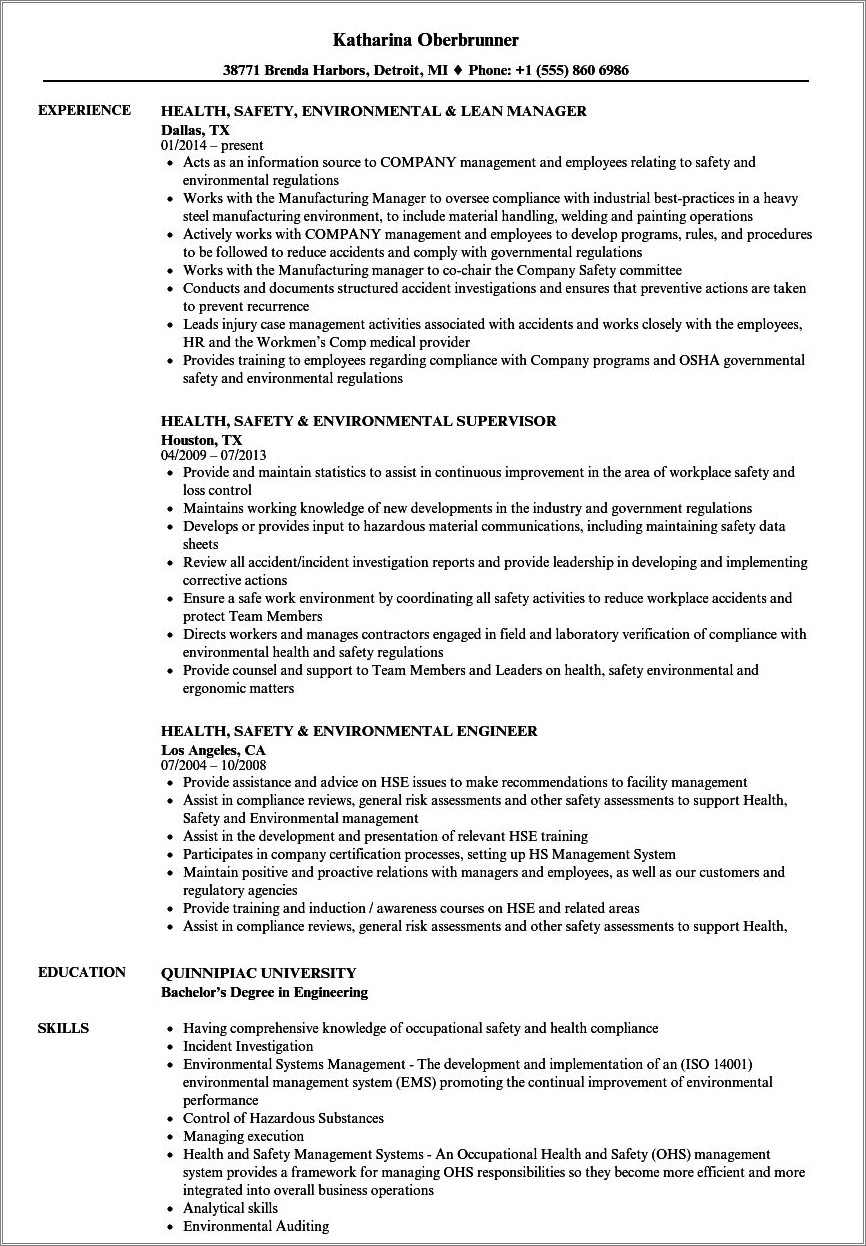 Resume Sample For Environmental Health And Engineer