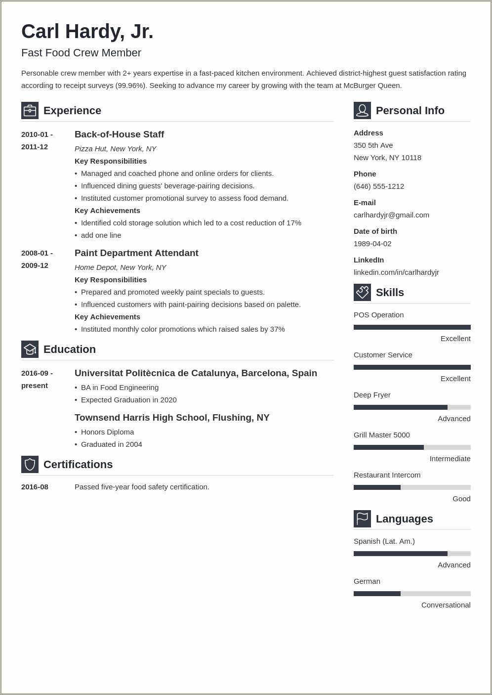 Resume Sample For Fast Food Workers