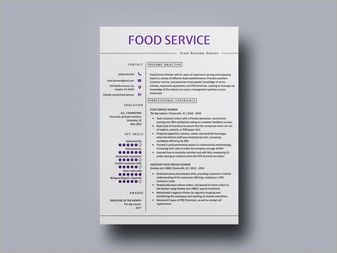 Resume Sample For Food Service Worke