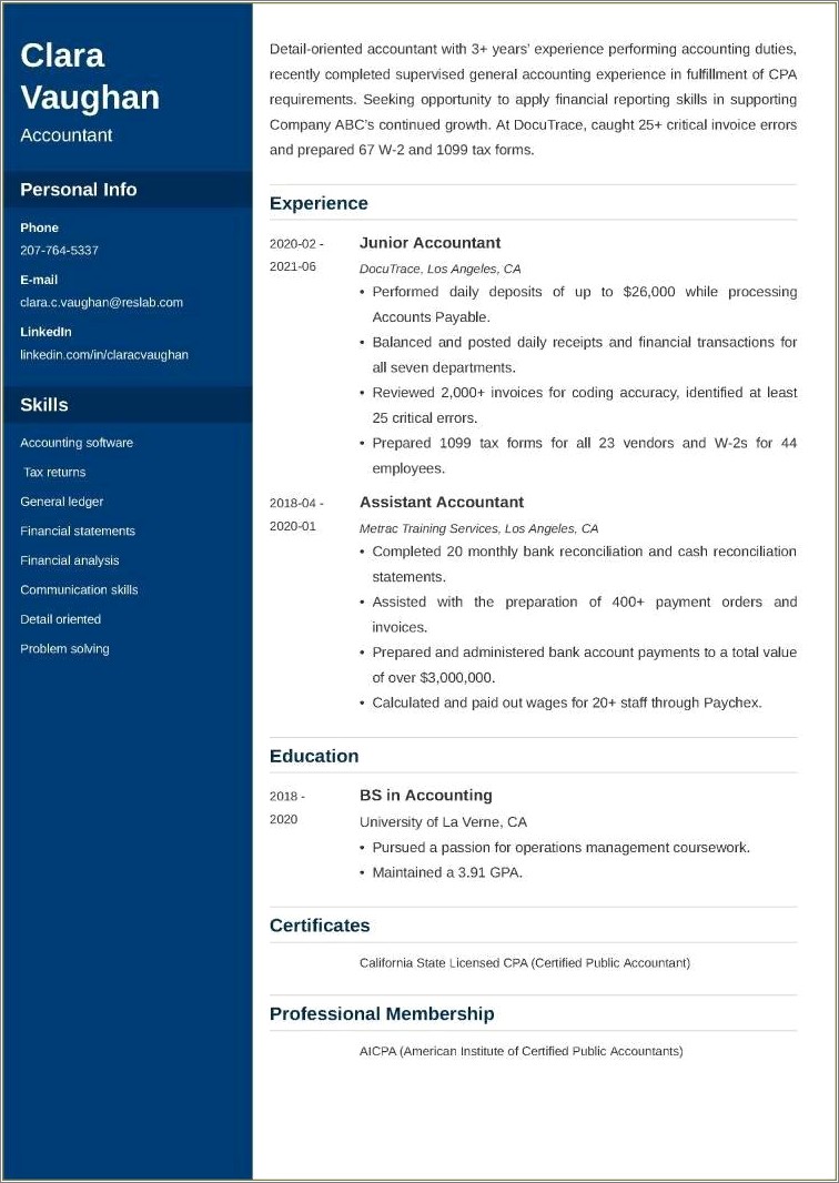 Resume Sample For Fresh Graduate Accounting