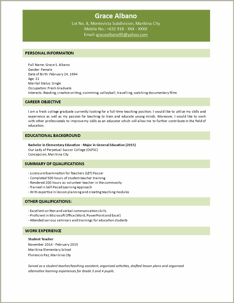Resume Sample For Fresh Graduate Without Experience Doc