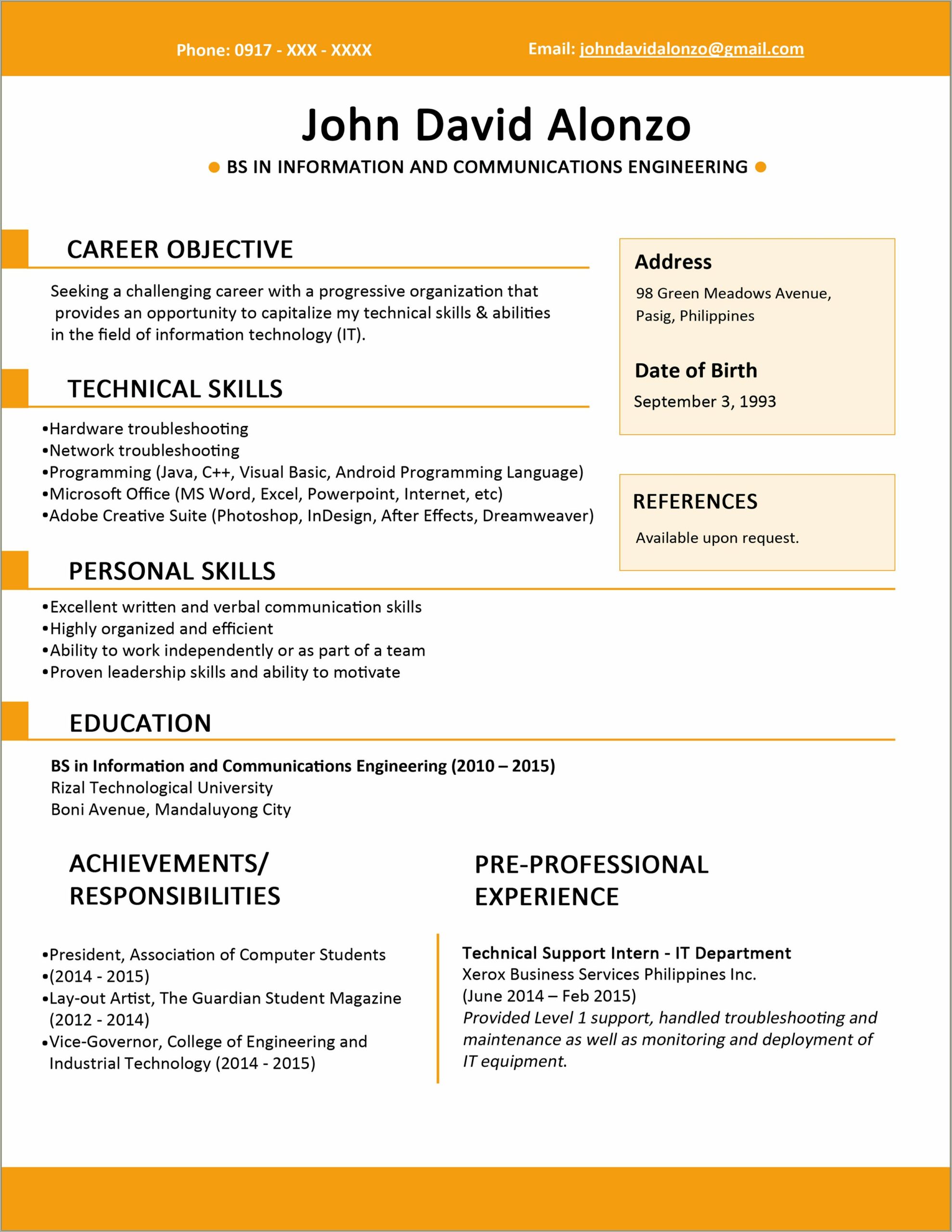 Resume Sample For Fresh Graduate Without Experience Download