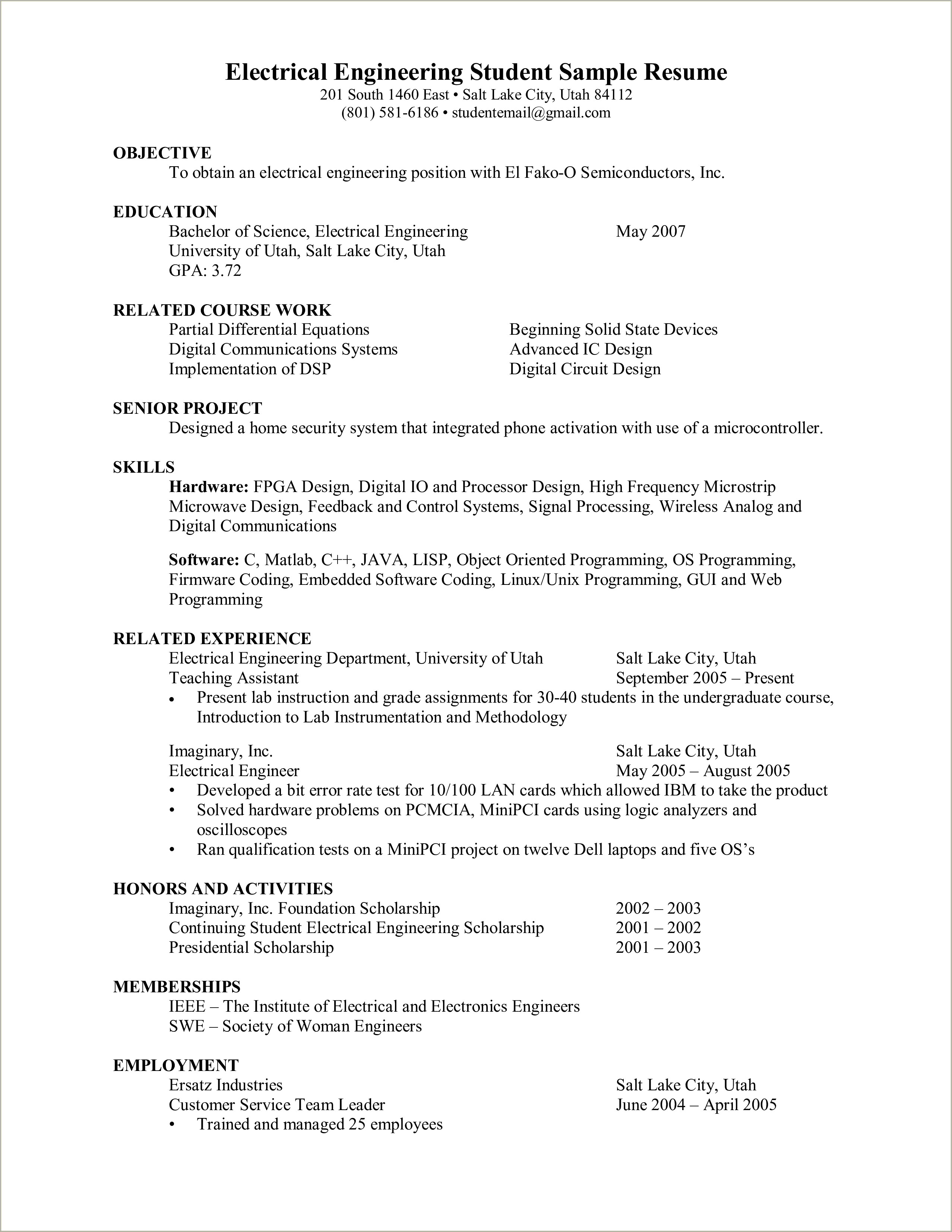 Resume Sample For Fresher Electronics Engineer