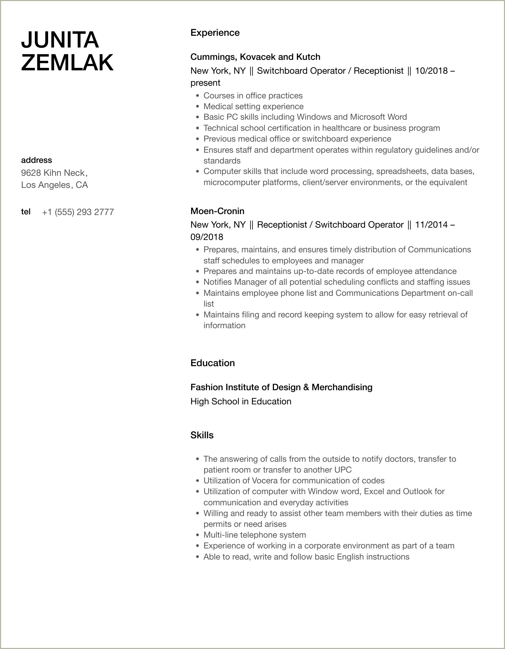Resume Sample For Job Description Militry Switchboard Operator