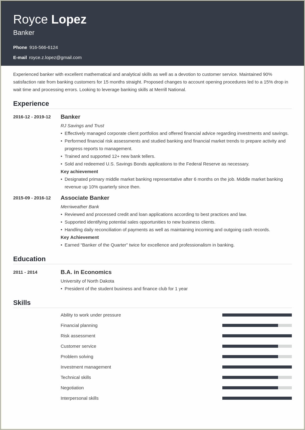 Resume Sample For Job In Bank