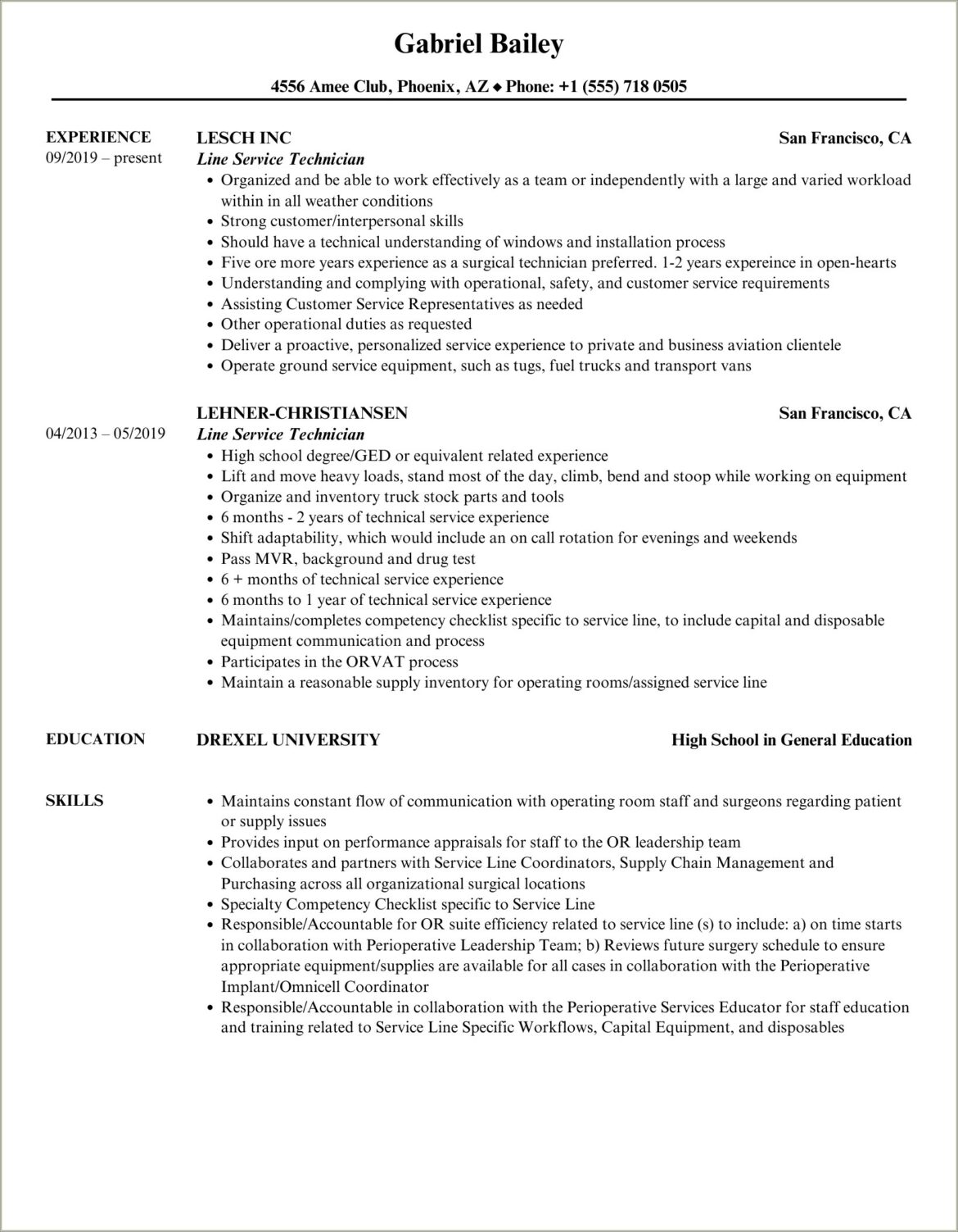 Resume Sample For Line Service Technician