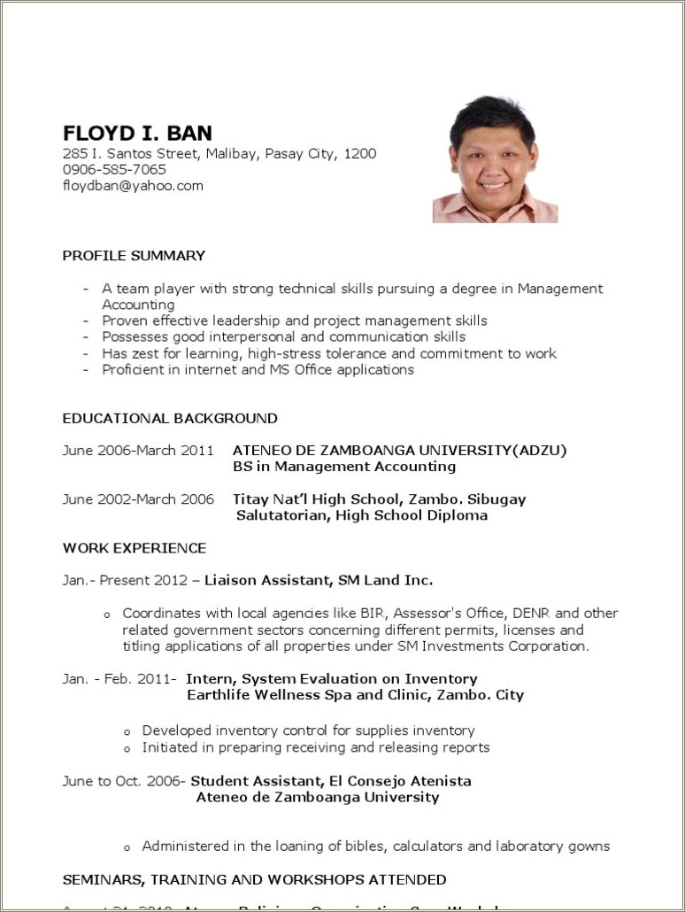Resume Sample For Management Accounting Graduate