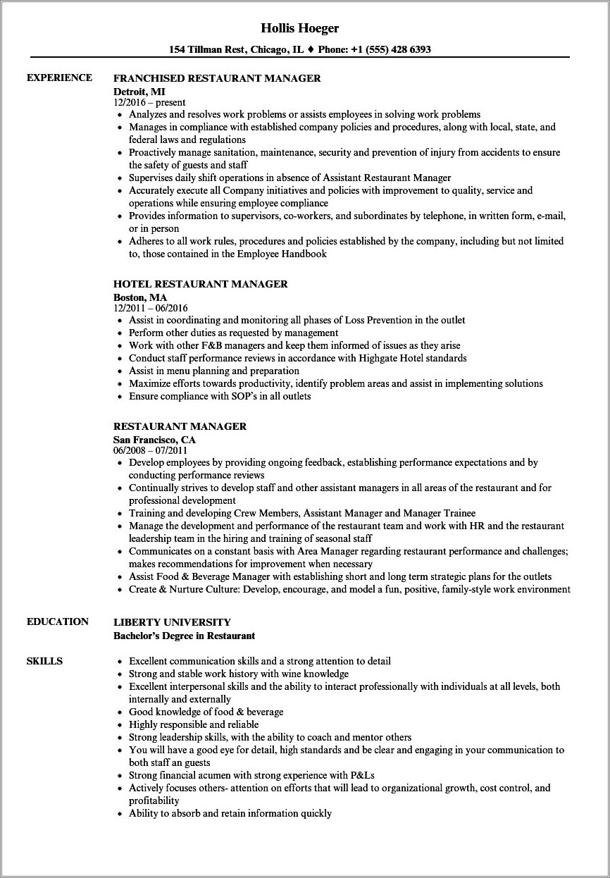 Resume Sample For Manager At A Restaurant