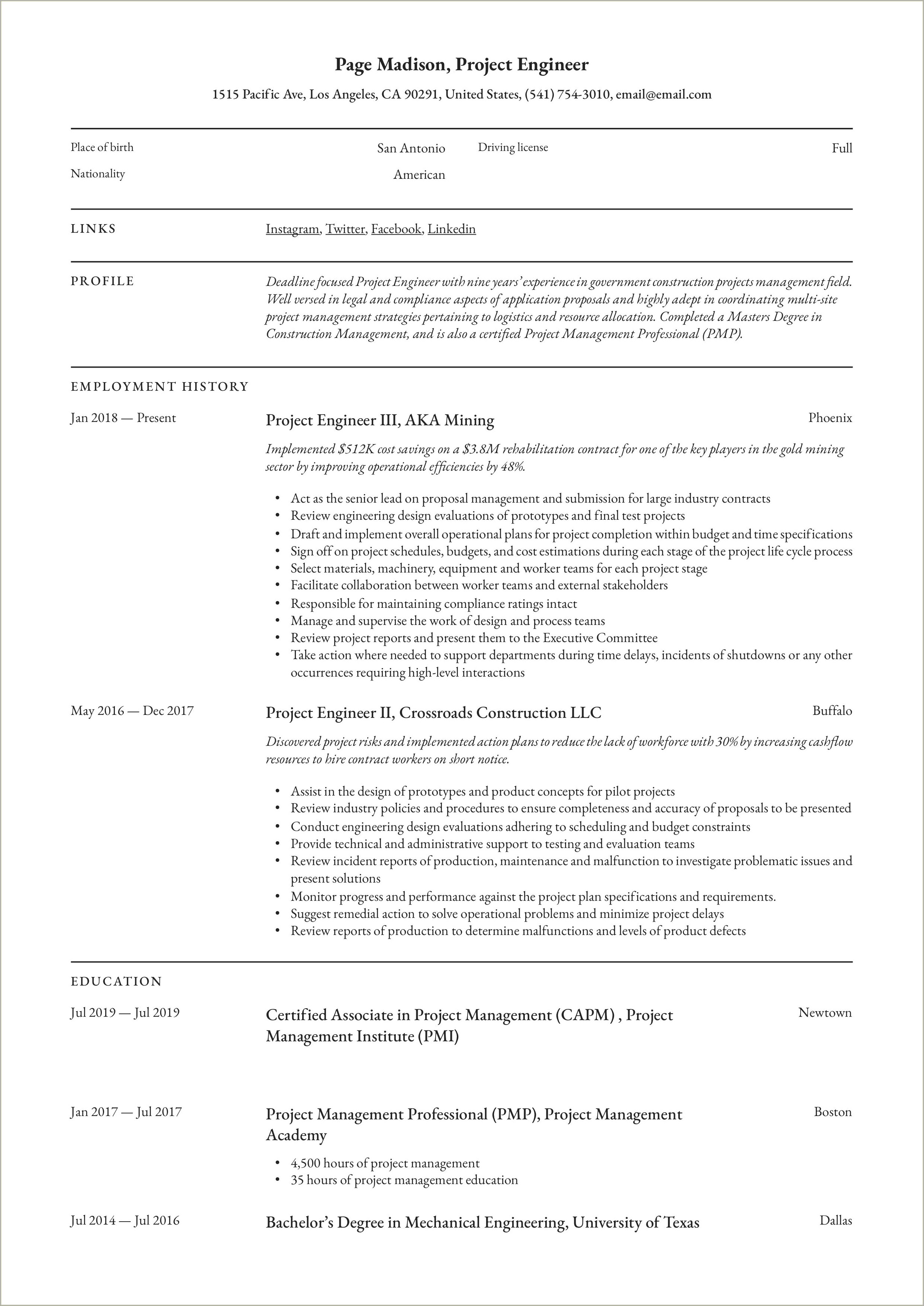 Resume Sample For Mechanical Structural Engineer