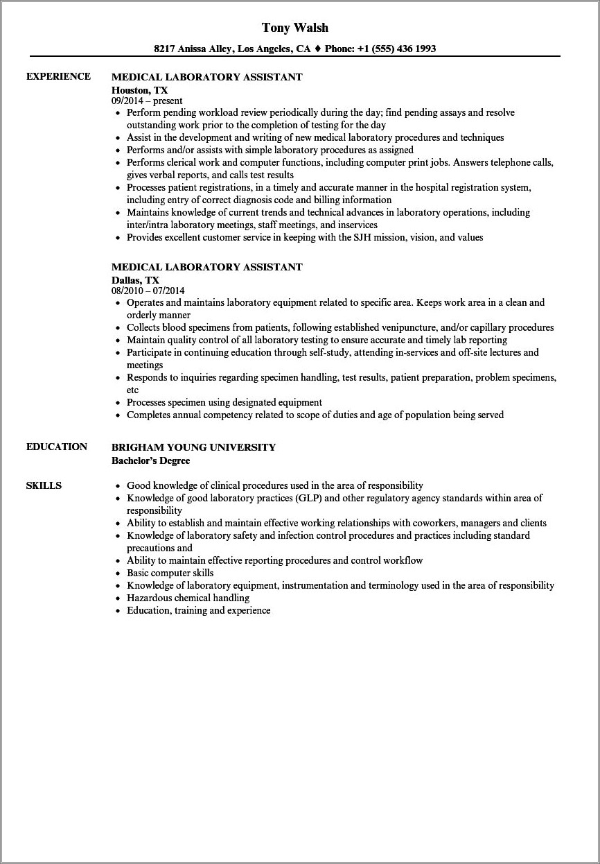 Resume Sample For Medical Lab Technician