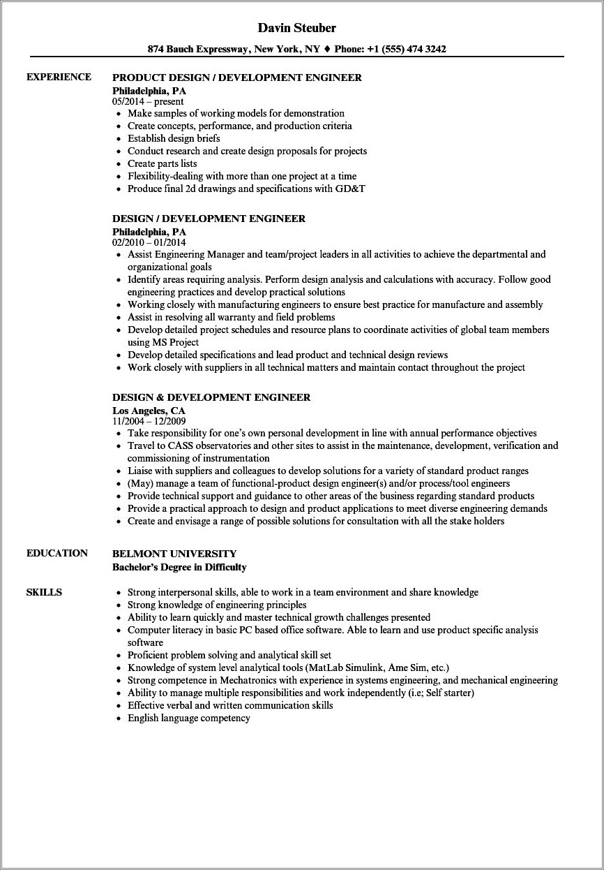 Resume Sample For New Product Development Engineer