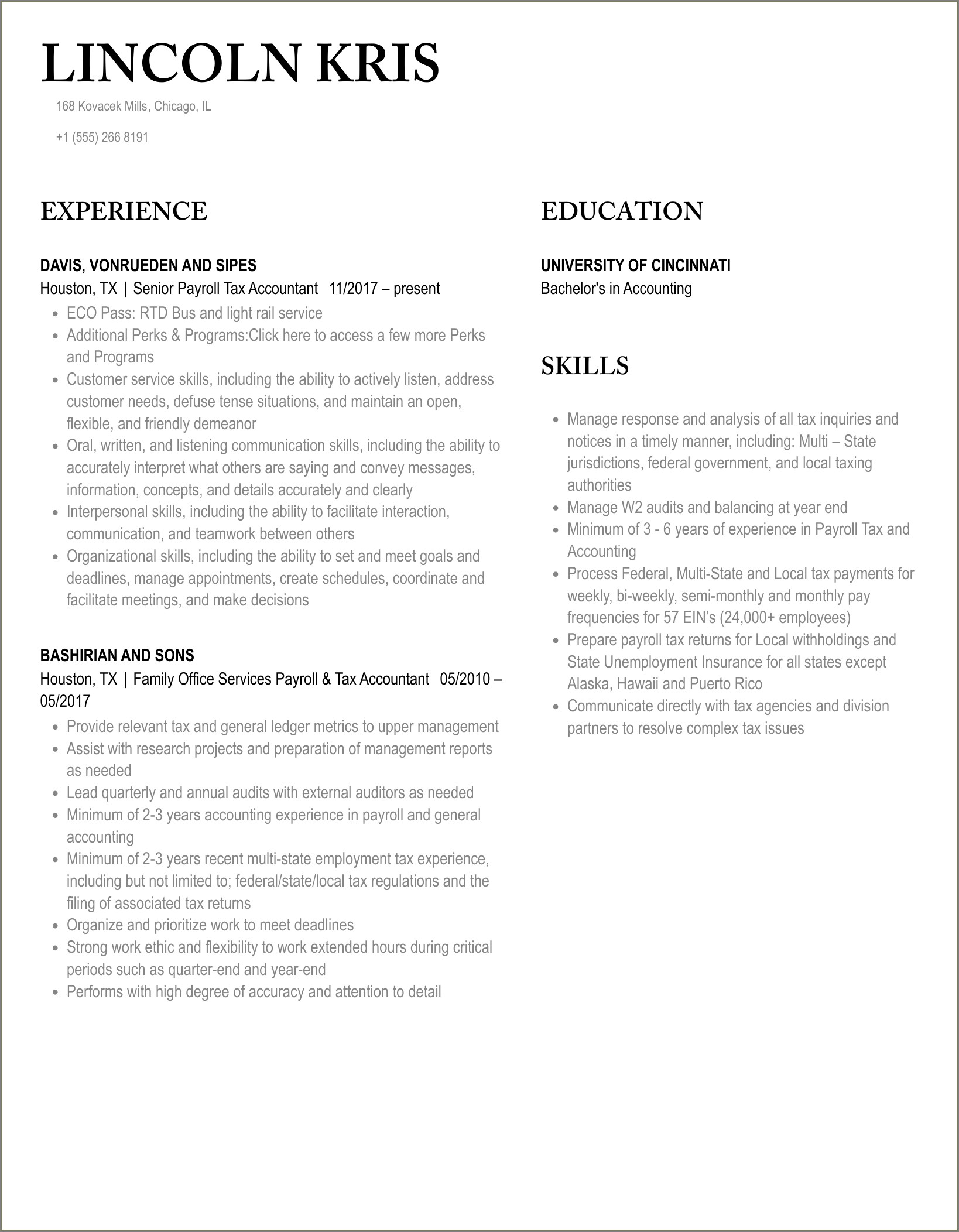 Resume Sample For Paying Eftps And Payroll Taxes