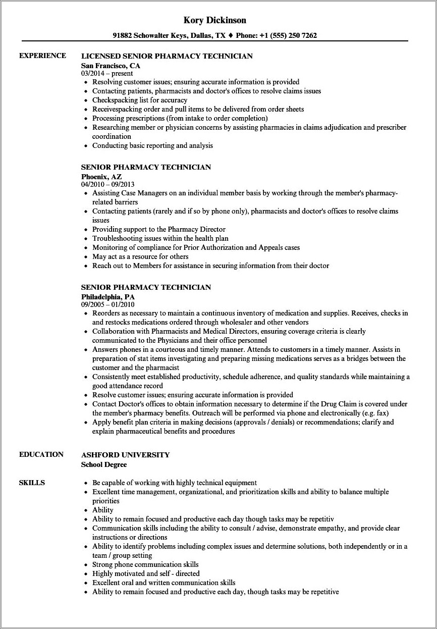 Resume Sample For Pharmacy Technician Student