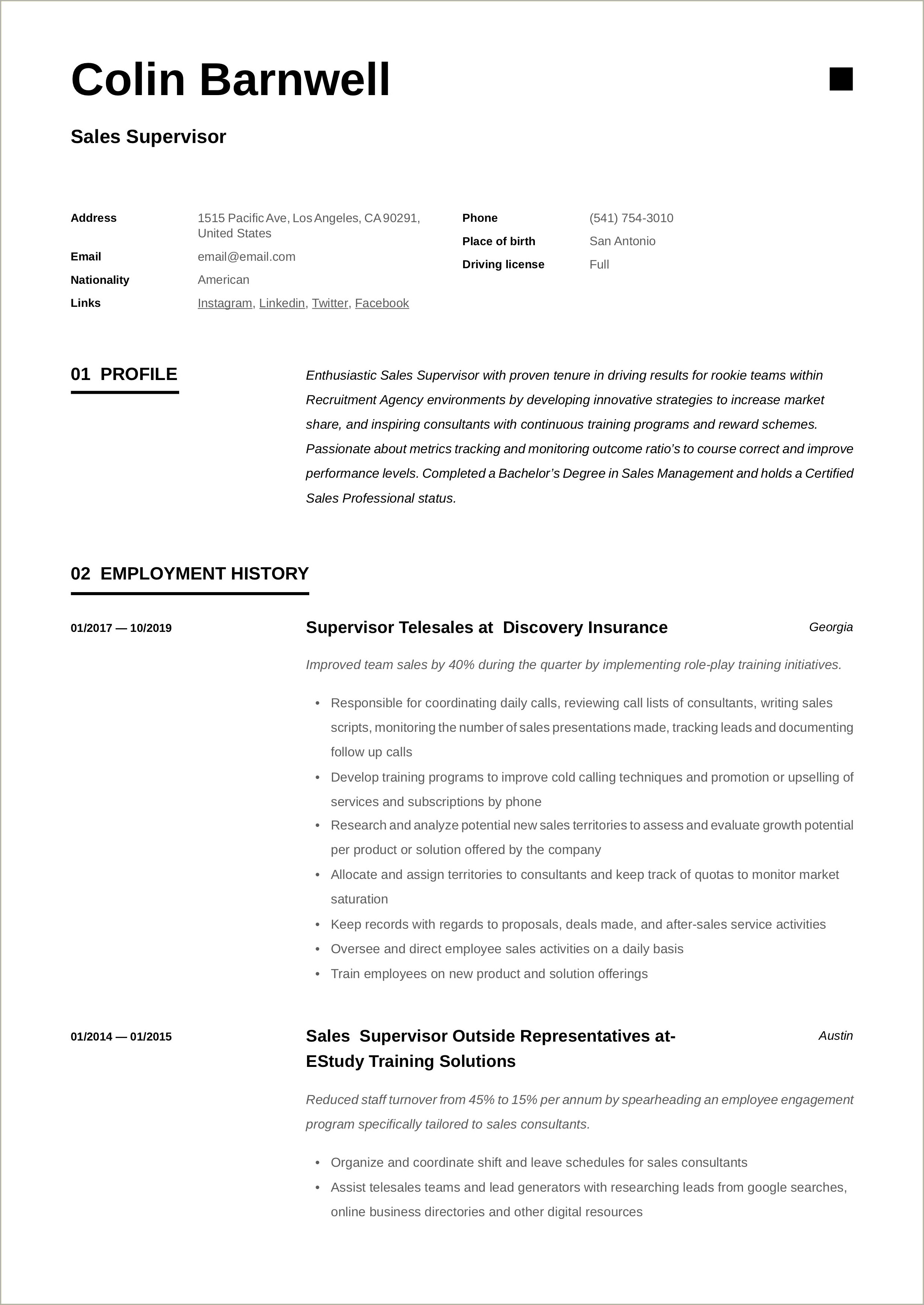 Resume Sample For Sales Supervisor Retail