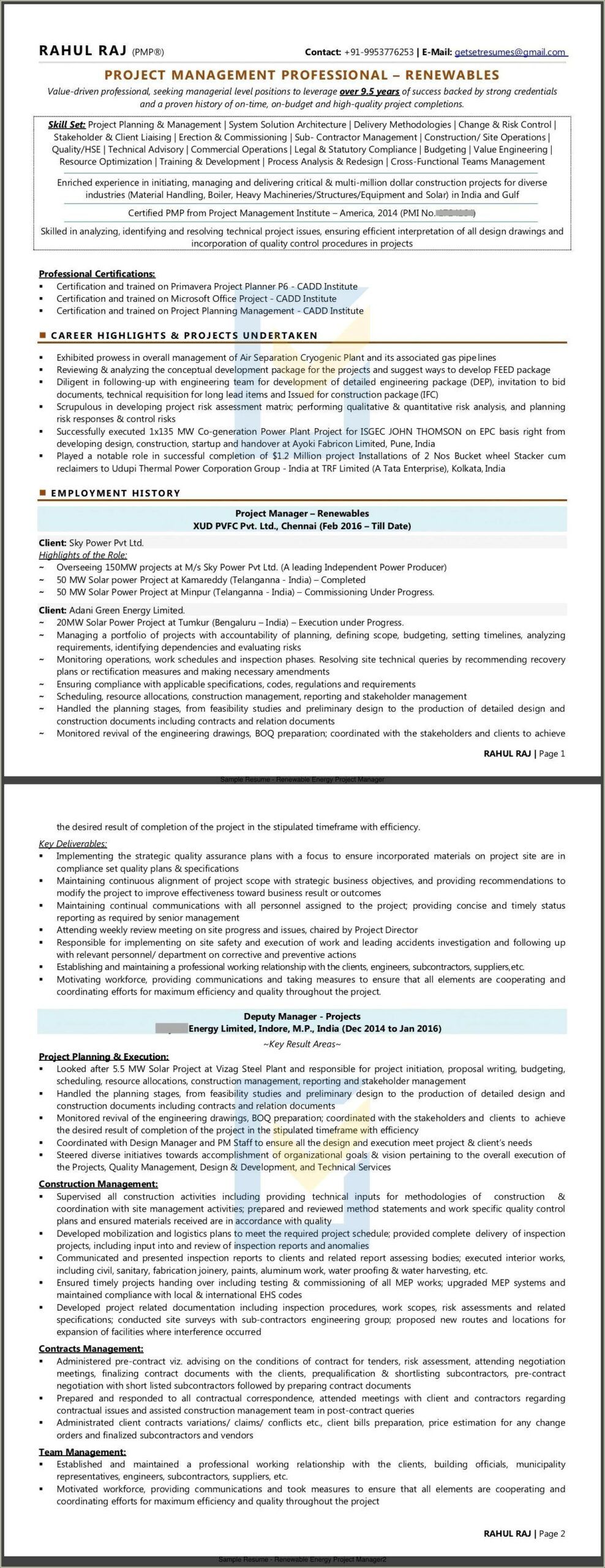 Resume Sample For Solar Project Manager