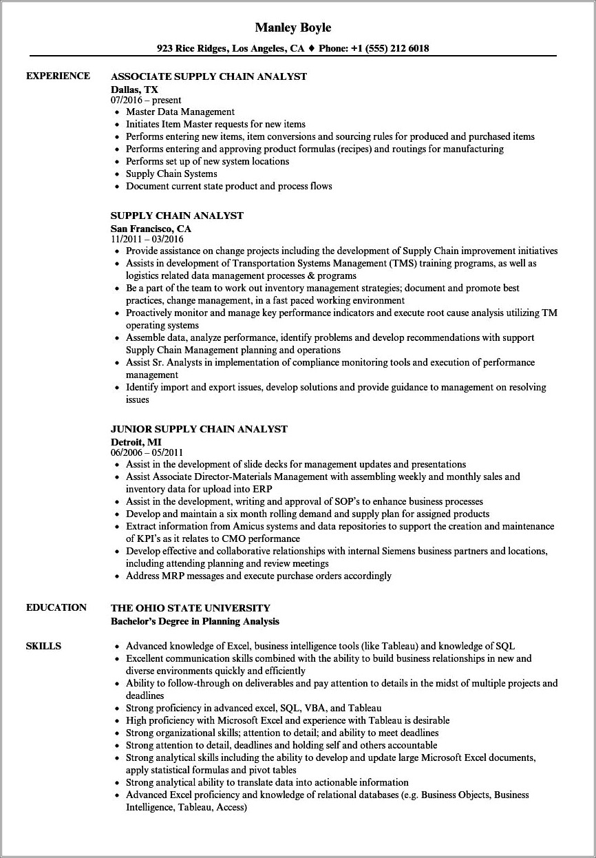 Resume Sample For Supply Chain Analyst