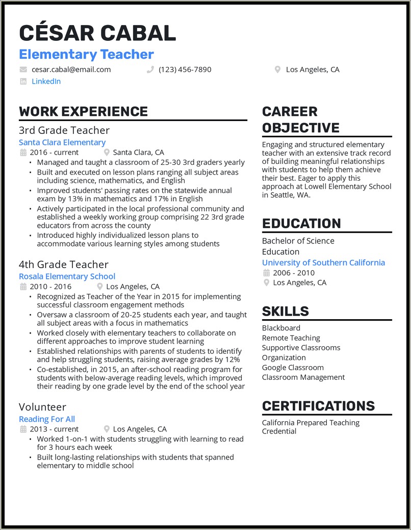 Resume Sample For Teacher Job Pdf
