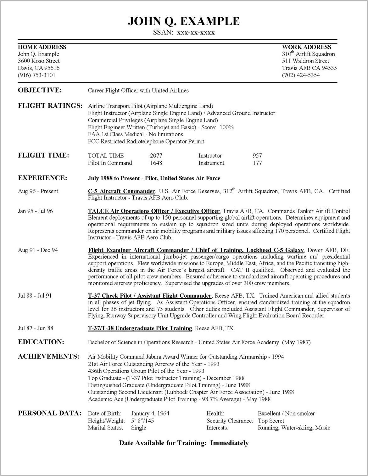 Resume Sample For The Air Force