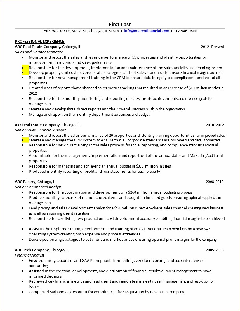 Resume Sample From A Finance Person