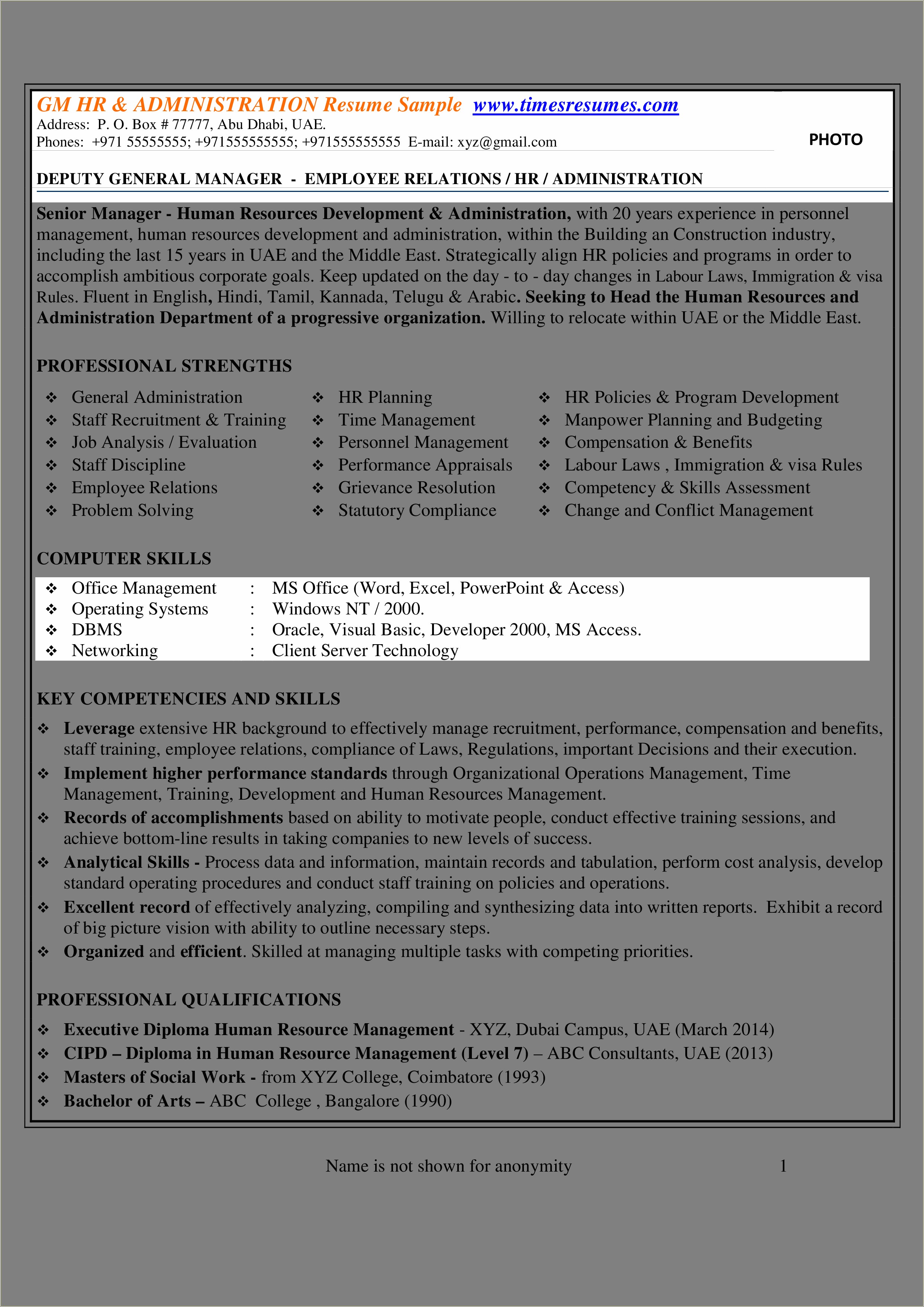Resume Sample Human Resources Federal Contractor