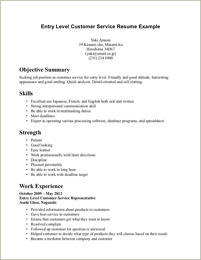 Resume Sample Objectives For Entry Level